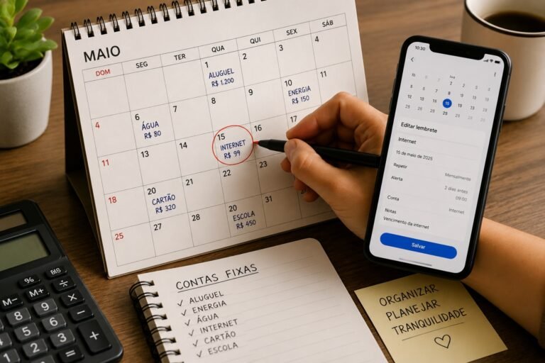 Calendário financeiro mensal com contas organizadas e lembrete de vencimento de contas no celular