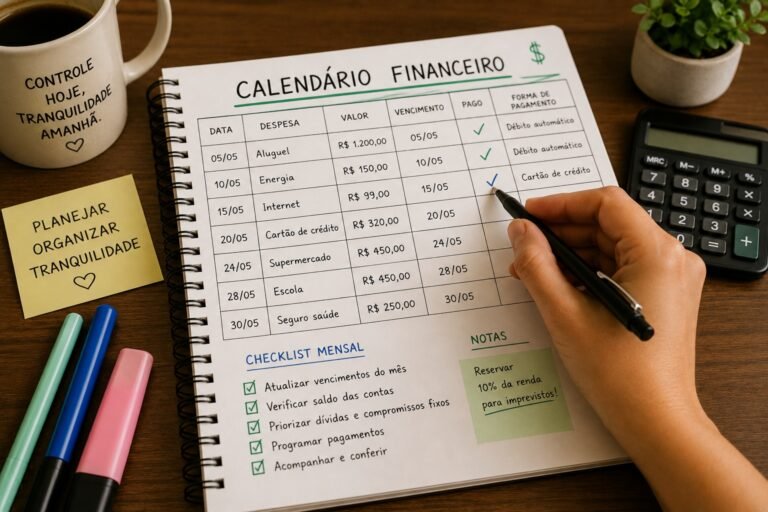 Calendário financeiro com controle de despesas, vencimentos de contas e pagamentos em caderno sobre mesa