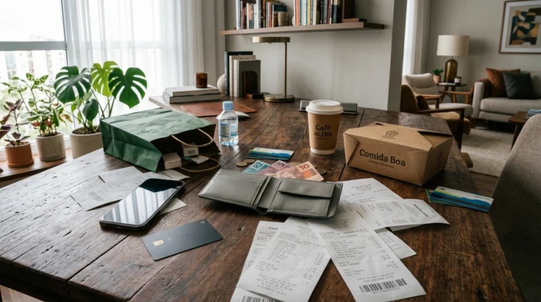 Mesa com carteira, notas de dinheiro, recibos de compras e embalagens de comida e café representando gastos do mês