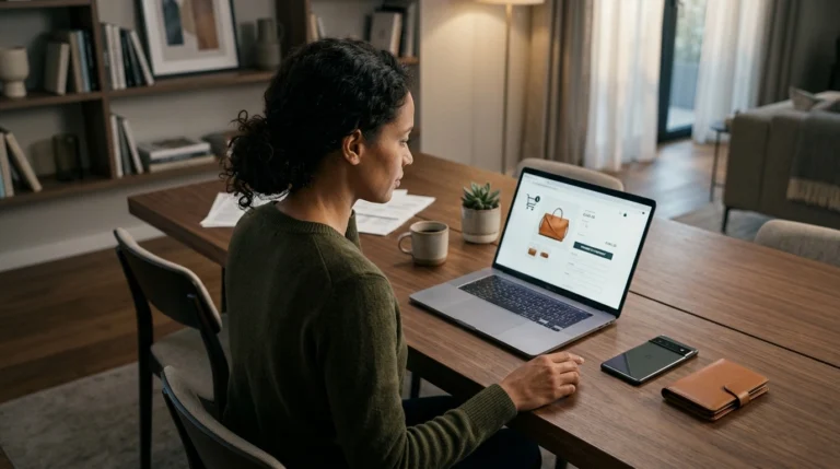 Mulher no notebook acessando site de compra de bolsa online, com carteira e celular ao lado
