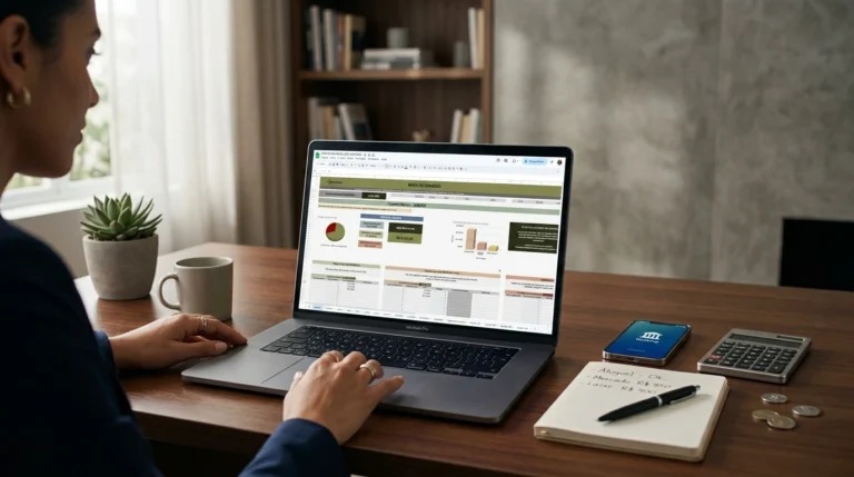Notebook aberto mostrando planilha financeira colorida com gráficos de gastos mensais