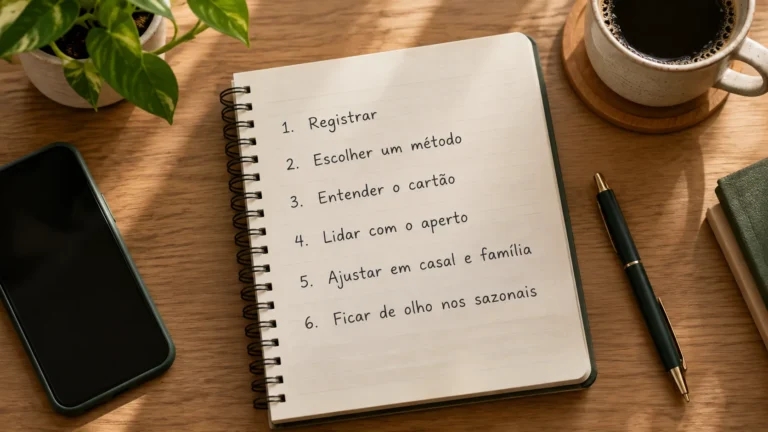 6 passos do controle do dinheiro: registrar, escolher método, cartão, aperto, casal e gastos sazonais