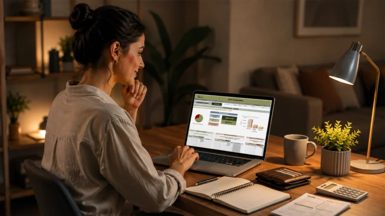 Mulher sorrindo em frente ao notebook analisando planilha de controle financeiro em casa à noite