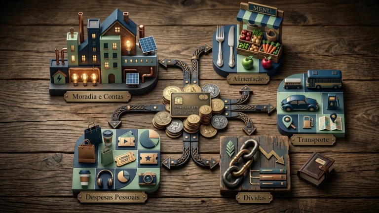 Ilustração mostrando a divisão do salário entre moradia, alimentação, transporte, gastos pessoais e dívidas