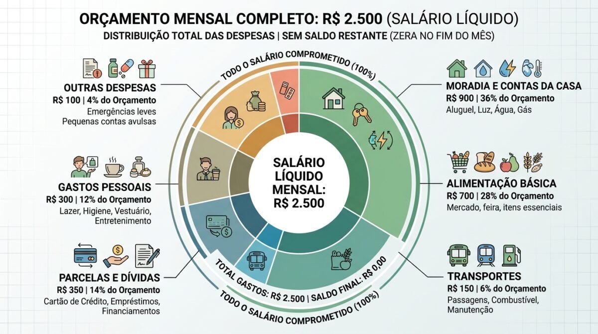 Infográfico do orçamento mensal de R$ 2.500 dividido em moradia, alimentação, transporte, dívidas e gastos pessoais