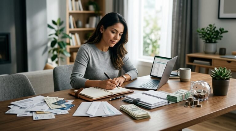Mulher organizando contas e planejando o orçamento pessoal em um caderno ao lado do notebook