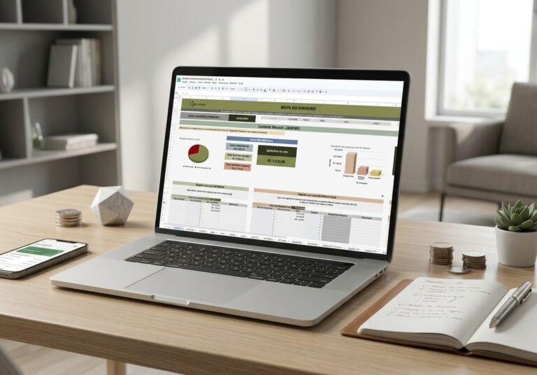 Planilha de controle financeiro mensal aberta no notebook, com gráficos de despesas e saldo do mês