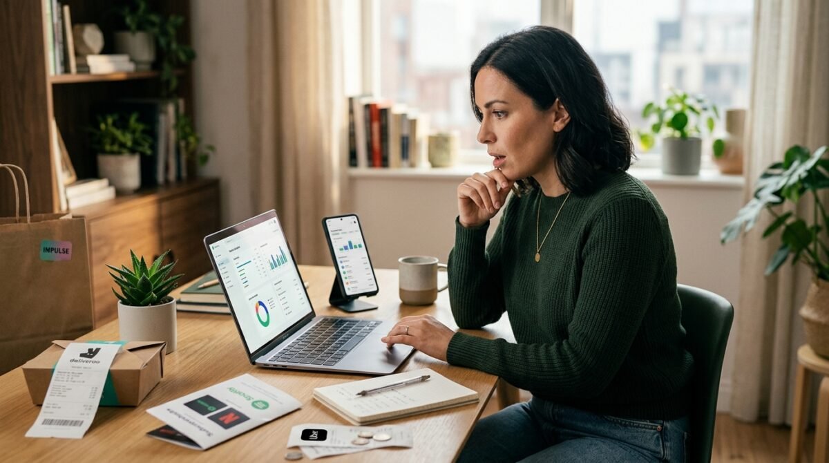 Mulher pensativa analisando gráficos de gastos no notebook, com recibos de delivery e apps de assinatura na mesa