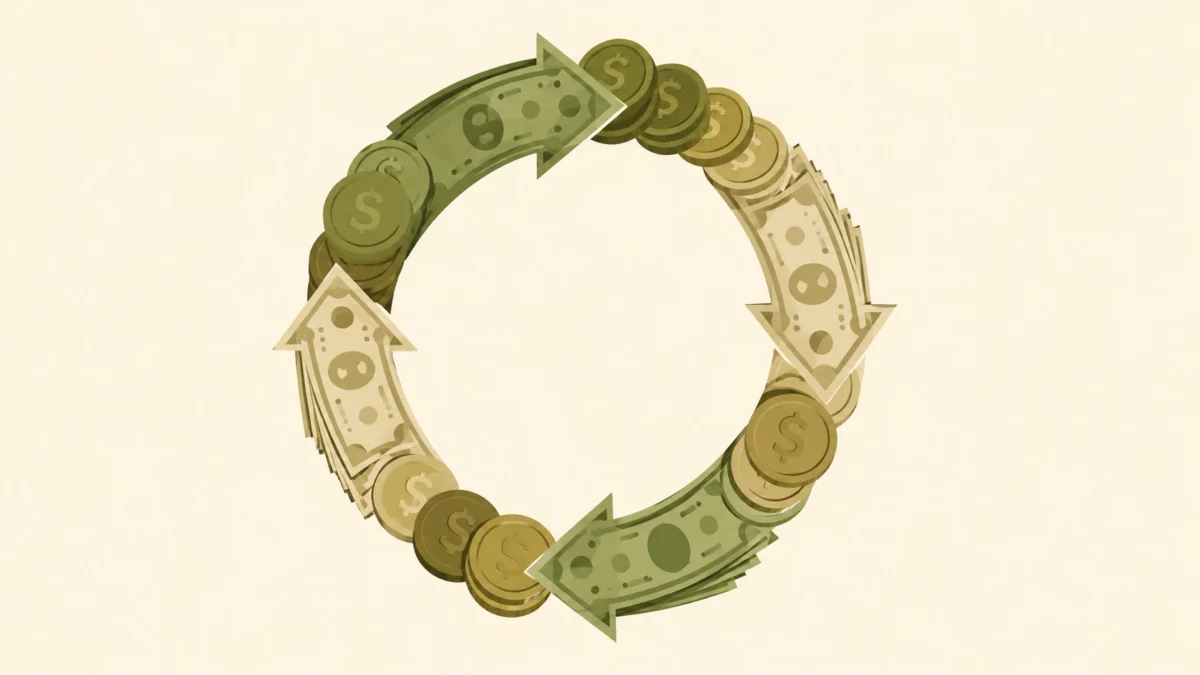 ciclo do dinheiro representado por setas circulares com moedas e notas