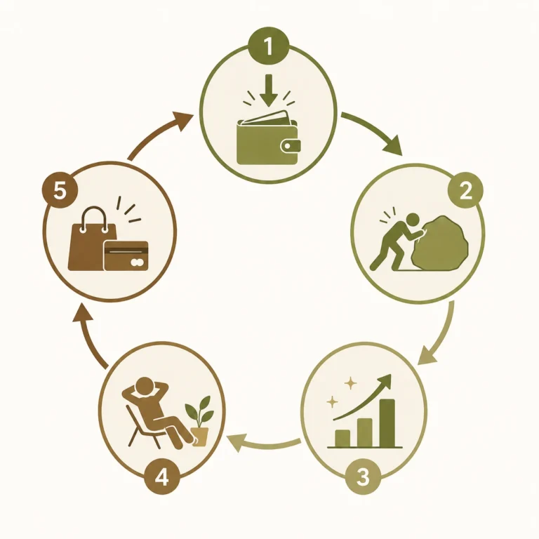 infográfico das etapas do ciclo do dinheiro: esforço, melhora, relaxamento e descontrole