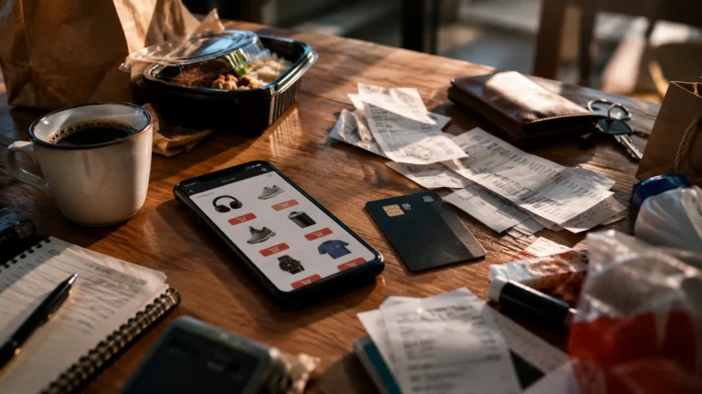 Celular com aplicativos de compras abertos ao lado de cartão de crédito e notas fiscais acumuladas