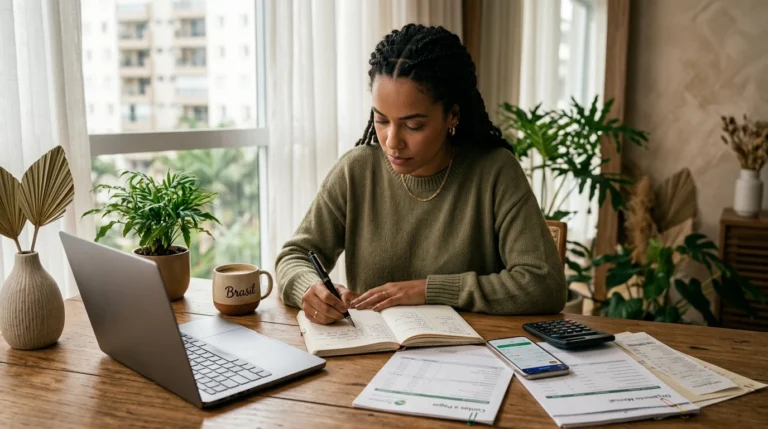 Mulher anotando gastos à mão em caderno financeiro, método kakebo adaptado ao Brasil