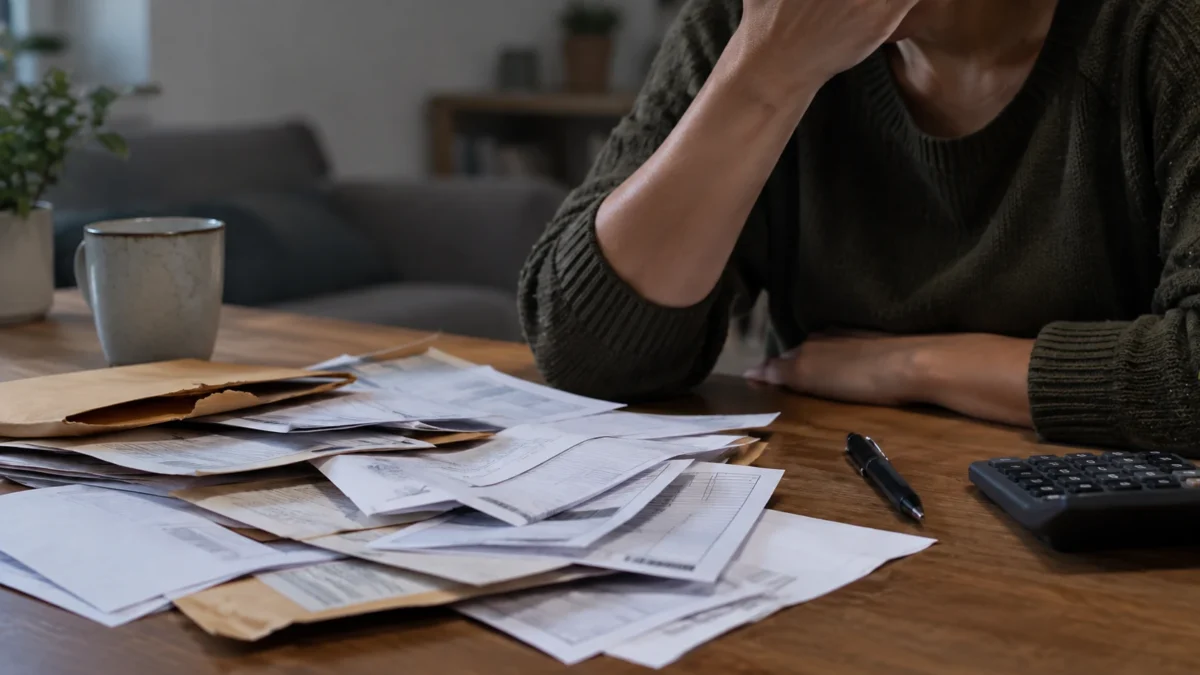 Pessoa com a mão na cabeça diante de uma pilha de contas e boletos sobre a mesa