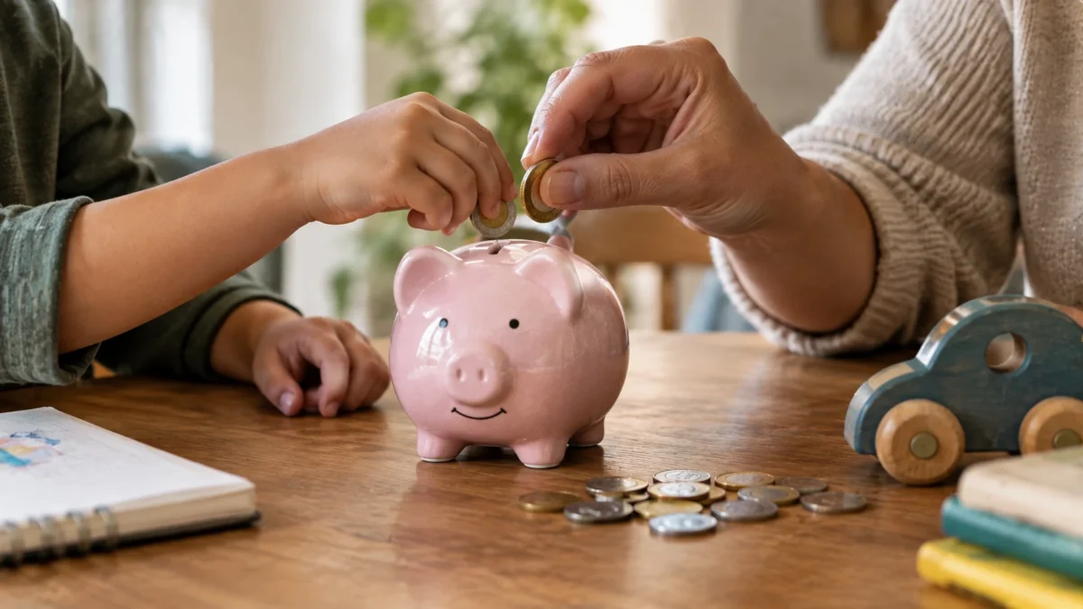 Mãos de adulto e criança colocando moedas juntas em um cofrinho, ensinando educação financeira