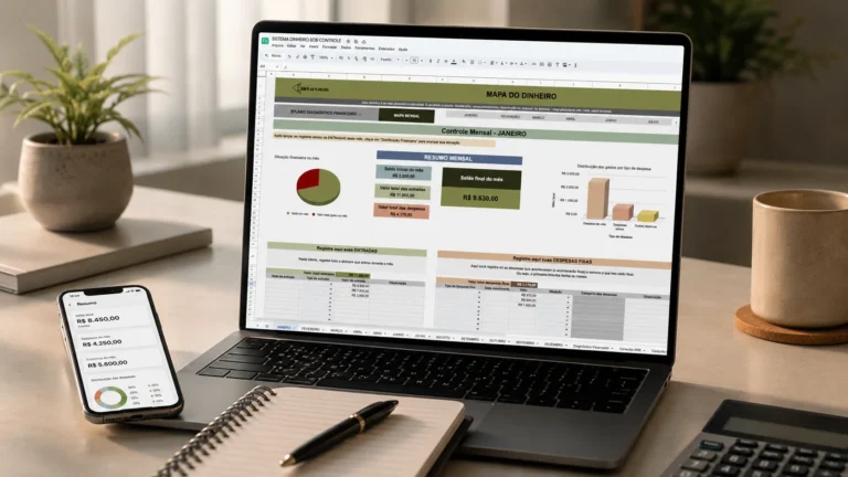 Planilha de controle financeiro mostrando gastos e economia mensal
