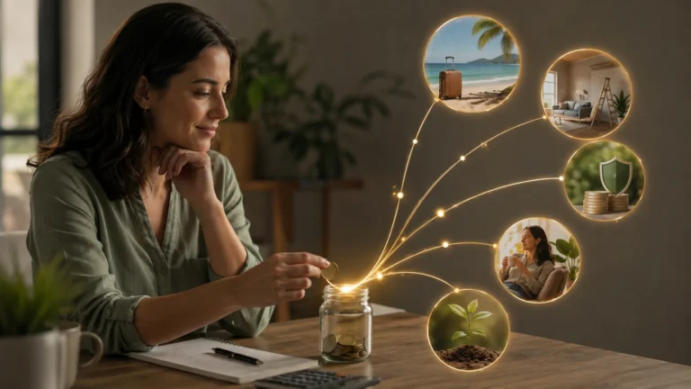 Mulher guardando moedas em pote enquanto visualiza seus objetivos financeiros