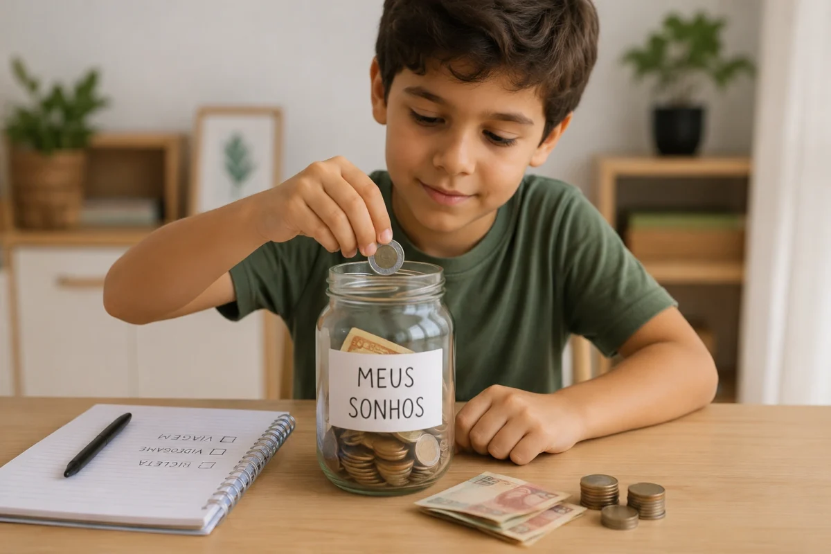 Criança guardando mesada em potinho para aprender educação financeira