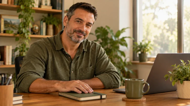 Homem satisfeito com o notebook fechado, representando seu negócio organizado depois de abrir o MEI