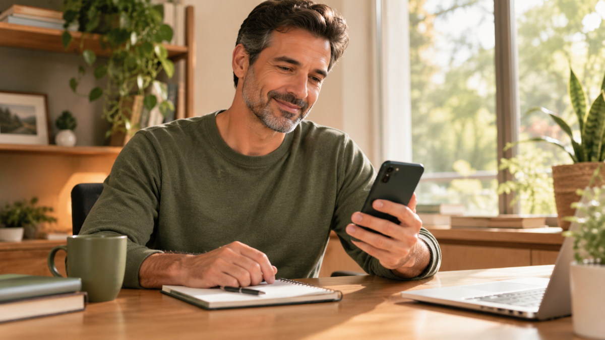Homem sorrindo ao verificar celular em casa, sentindo alívio depois de resolver o nome sujo