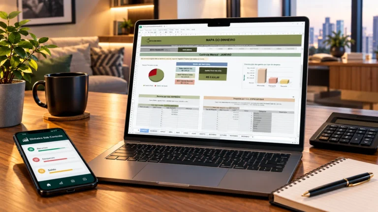 Planilha de controle financeiro mostrando receitas e despesas mensais no notebook