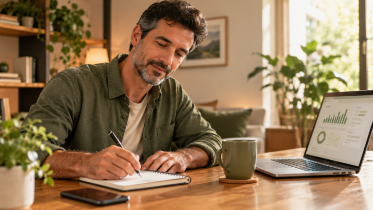 Homem anotando suas dívidas em um caderno, com gráfico financeiro aberto no notebook ao lado