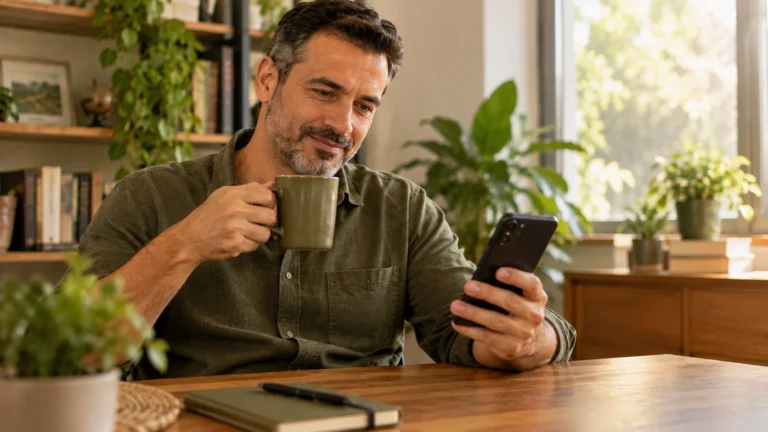 Homem tomando café enquanto confere o valor fixo do DAS no celular