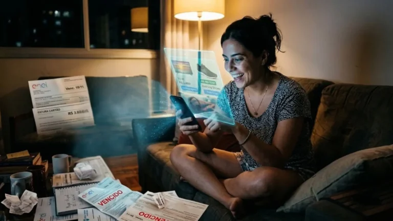 Mulher sorrindo ao ver ofertas de compra no celular enquanto contas vencidas se acumulam ao fundo