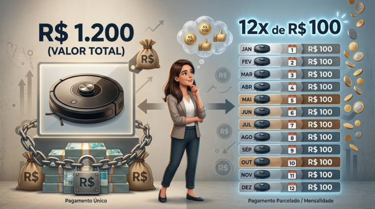 Comparação entre pagar R$ 1.200 à vista ou parcelar em 12 vezes de R$ 100