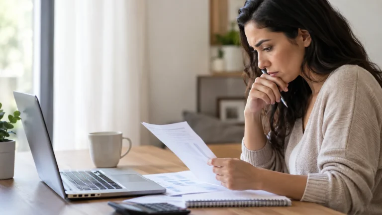 Mulher analisando contas e planilha para decidir se vale a pena parcelar um Pix