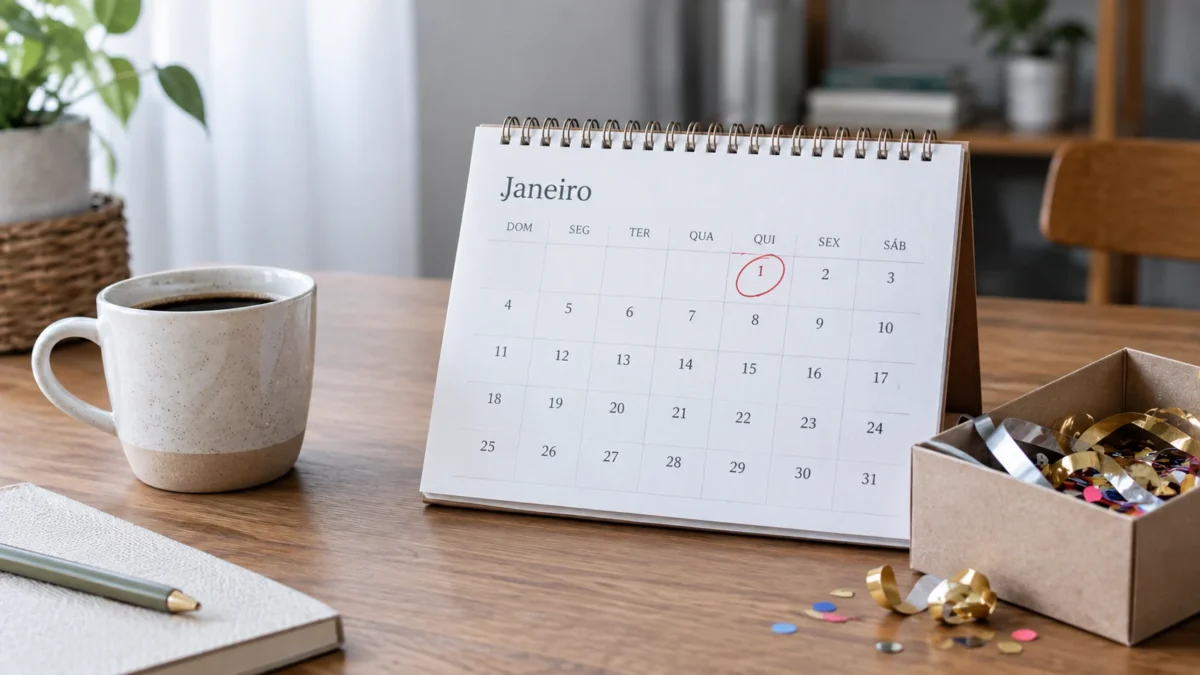 Calendário de janeiro com o dia 1º marcado, ao lado de confetes recolhidos após as festas