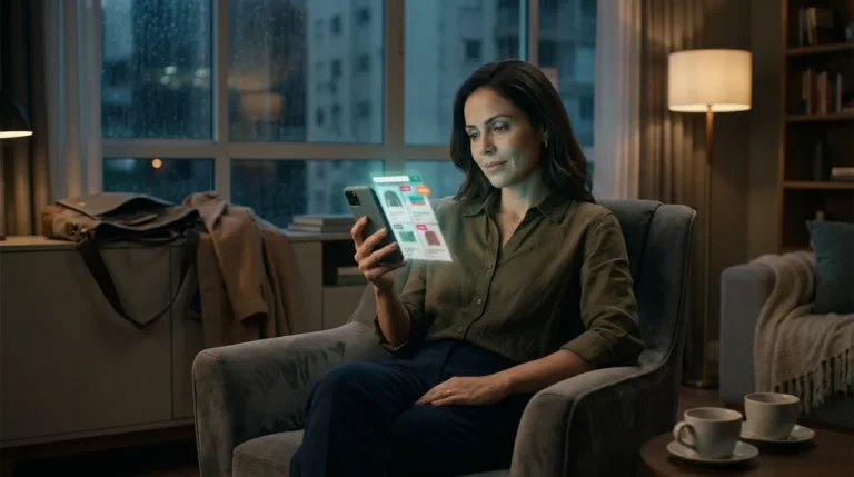 Mulher recebendo notificações de promoção no celular à noite
