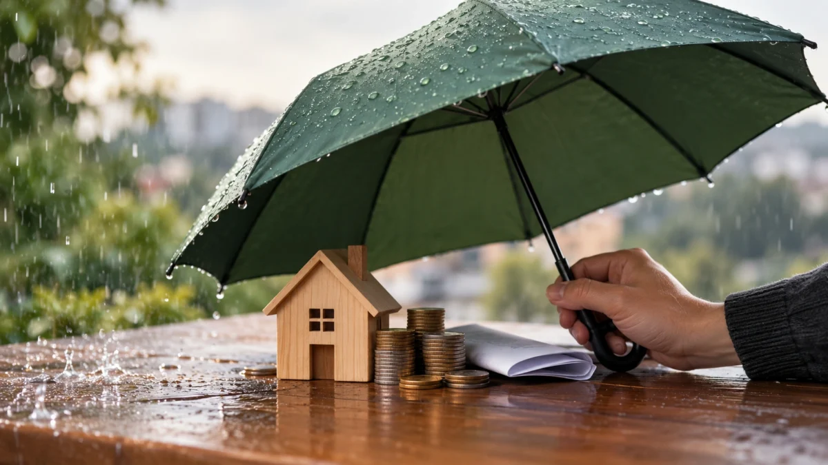Guarda-chuva protegendo moedas e uma casinha de brinquedo sobre a mesa, representando proteção financeira contra imprevistos