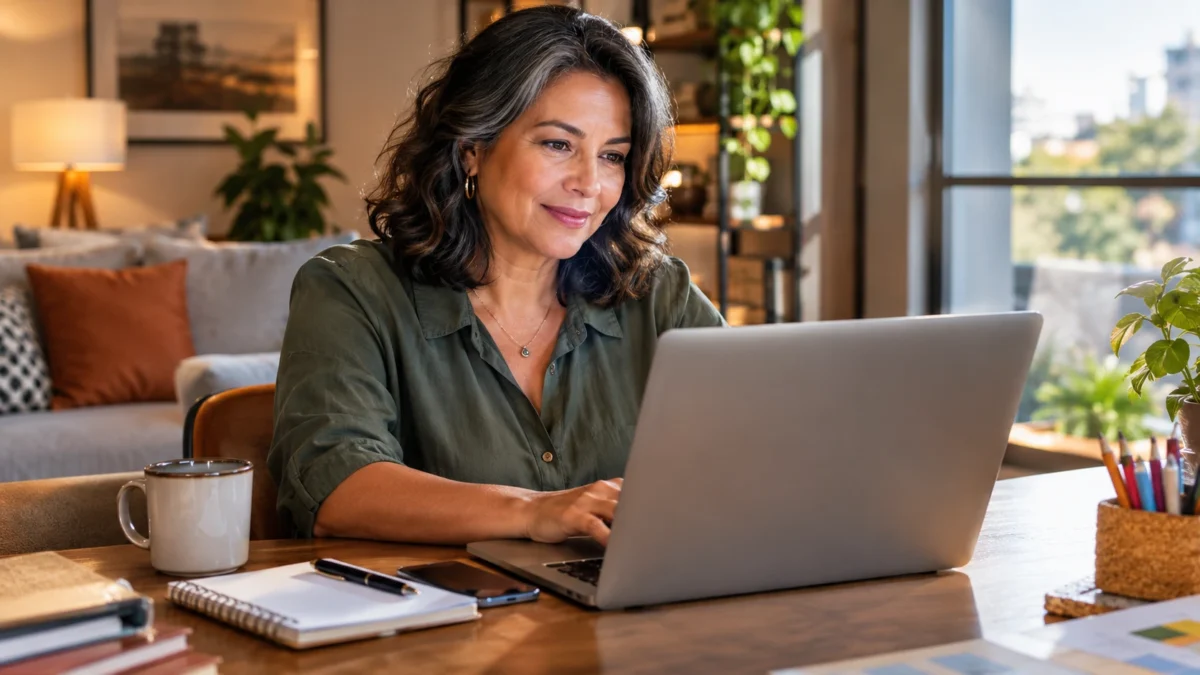 Mulher sorridente usando notebook após organizar sua renda extra na aposentadoria
