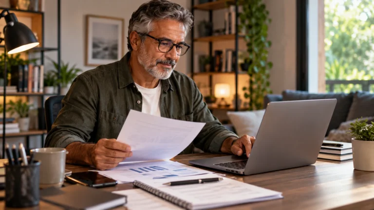 Homem analisando documentos e planilhas no notebook para complementar a renda na aposentadoria