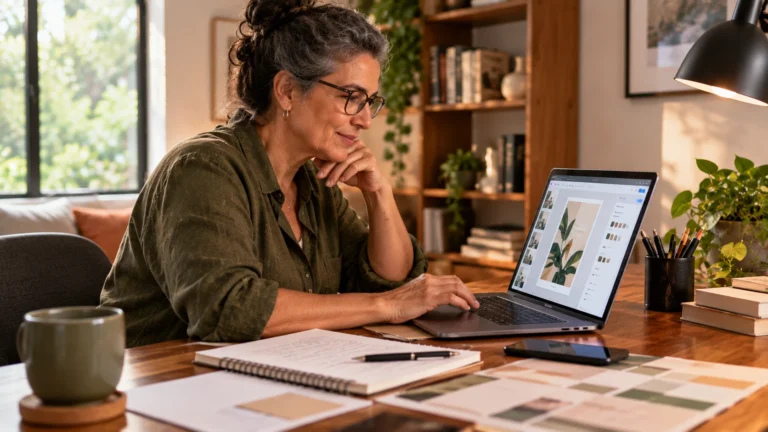 Mulher criando conteúdo digital no notebook para transformar habilidade em fonte de renda extra