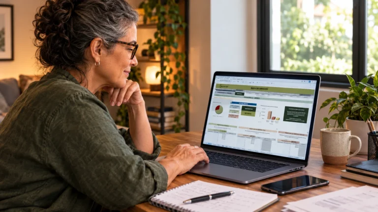 Mulher analisando controle financeiro no notebook para organizar a aposentadoria depois dos 50