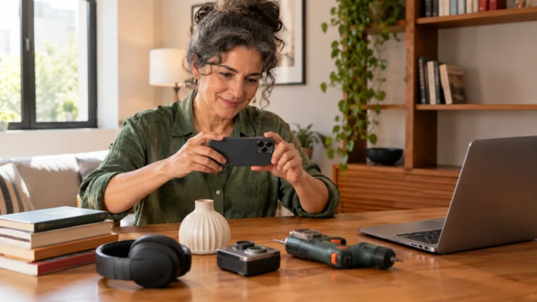 Mulher fotografando itens usados com o celular para vender e gerar renda extra