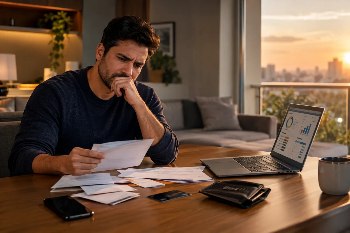 Homem analisando contas e boletos para organizar o destino do dinheiro extra