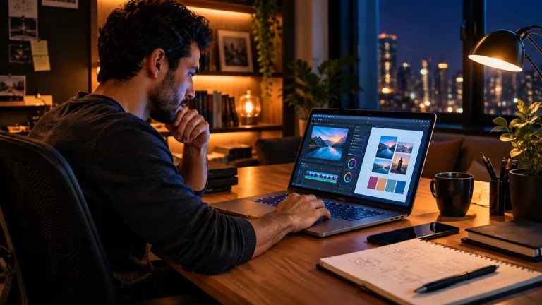 Freelancer trabalhando em projeto de design digital fora do horário CLT