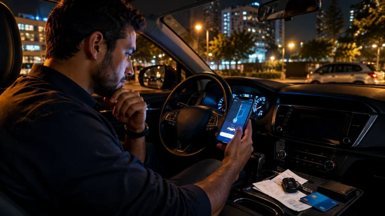 Motorista de aplicativo conferindo corrida no celular durante horas vagas