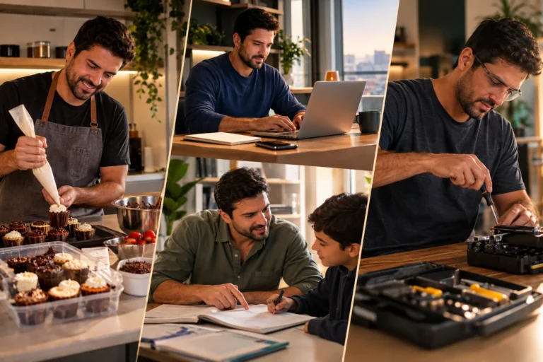 Colagem de atividades de renda extra: confeitaria, freelancer, aulas e serviços manuais